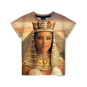 Детская футболка 3D с принтом Клеопатра в Екатеринбурге, 100% гипоаллергенный полиэфир | прямой крой, круглый вырез горловины, длина до линии бедер, чуть спущенное плечо, ткань немного тянется | египет | египетская | закат | золото | клеопатра | корона | песок | пирамиды | пустыня | солнце | царица