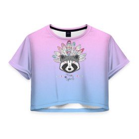Женская футболка 3D укороченная с принтом Енот в Екатеринбурге, 100% полиэстер | круглая горловина, длина футболки до линии талии, рукава с отворотами | енот