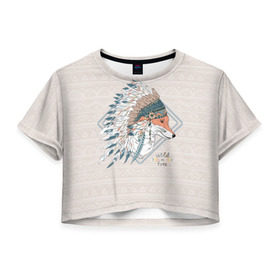 Женская футболка 3D укороченная с принтом Лиса в перьях в Екатеринбурге, 100% полиэстер | круглая горловина, длина футболки до линии талии, рукава с отворотами | лиса