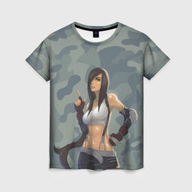 Женская футболка 3D с принтом Военная девушка в Екатеринбурге, 100% полиэфир ( синтетическое хлопкоподобное полотно) | прямой крой, круглый вырез горловины, длина до линии бедер | девушка | камуфляж | рисунок