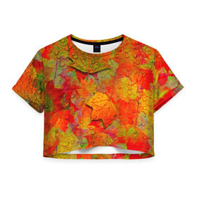 Женская футболка 3D укороченная с принтом Лист клёна в Екатеринбурге, 100% полиэстер | круглая горловина, длина футболки до линии талии, рукава с отворотами | дождь | листопад | осень