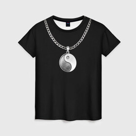 Женская футболка 3D с принтом Инь янь в Екатеринбурге, 100% полиэфир ( синтетическое хлопкоподобное полотно) | прямой крой, круглый вырез горловины, длина до линии бедер | инь ян | медальон | цепь