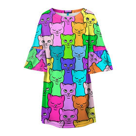 Детское платье 3D с принтом Котятушки в Екатеринбурге, 100% полиэстер | прямой силуэт, чуть расширенный к низу. Круглая горловина, на рукавах — воланы | Тематика изображения на принте: кот | котенок | котик | кошечка | кошка | мем | независимая | сильная