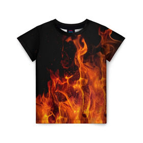 Детская футболка 3D с принтом Огонь в Екатеринбурге, 100% гипоаллергенный полиэфир | прямой крой, круглый вырез горловины, длина до линии бедер, чуть спущенное плечо, ткань немного тянется | Тематика изображения на принте: костер | пламя