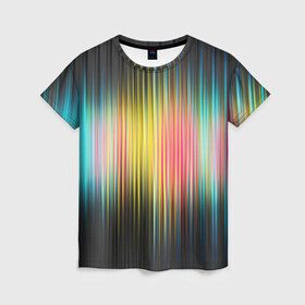 Женская футболка 3D с принтом Спектр в Екатеринбурге, 100% полиэфир ( синтетическое хлопкоподобное полотно) | прямой крой, круглый вырез горловины, длина до линии бедер | мерцание | радуга | свет | свечение | сияние | спектр | цвета | эквалайзер