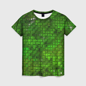 Женская футболка 3D с принтом Зелёные кубики в Екатеринбурге, 100% полиэфир ( синтетическое хлопкоподобное полотно) | прямой крой, круглый вырез горловины, длина до линии бедер | дизайн | искусство | кубики | мозаика | поверхность | рельеф | стена | стиль | текстура | фон