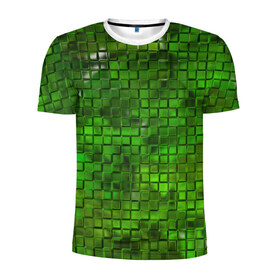 Мужская футболка 3D спортивная с принтом Зелёные кубики в Екатеринбурге, 100% полиэстер с улучшенными характеристиками | приталенный силуэт, круглая горловина, широкие плечи, сужается к линии бедра | дизайн | искусство | кубики | мозаика | поверхность | рельеф | стена | стиль | текстура | фон