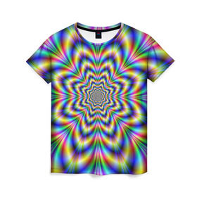 Женская футболка 3D с принтом Красочная иллюзия в Екатеринбурге, 100% полиэфир ( синтетическое хлопкоподобное полотно) | прямой крой, круглый вырез горловины, длина до линии бедер | гипноз | движение | красочный фон | обман зрения | оптическая иллюзия | погружение | текстура | фокус