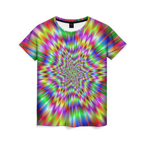 Женская футболка 3D с принтом Спектральная иллюзия в Екатеринбурге, 100% полиэфир ( синтетическое хлопкоподобное полотно) | прямой крой, круглый вырез горловины, длина до линии бедер | взрыв | гипноз | движение | краски | красочный фон | обман зрения | оптическая иллюзия | погружение | текстура | фокус | цветовой спектр