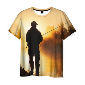 Мужская футболка 3D с принтом Рыбак в Екатеринбурге, 100% полиэфир | прямой крой, круглый вырез горловины, длина до линии бедер | грузило | карась | лодка | окунь | природа | река | рыбак | рыболов | снасти | туризм | щука