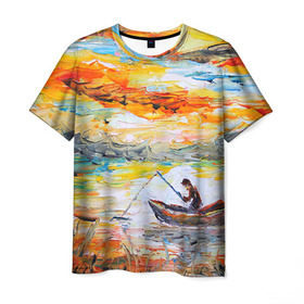 Мужская футболка 3D с принтом Рыбак на лодке в Екатеринбурге, 100% полиэфир | прямой крой, круглый вырез горловины, длина до линии бедер | грузило | карась | лодка | окунь | природа | река | рыбак | рыболов | снасти | туризм | щука