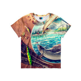 Детская футболка 3D с принтом Рыбацкое в Екатеринбурге, 100% гипоаллергенный полиэфир | прямой крой, круглый вырез горловины, длина до линии бедер, чуть спущенное плечо, ткань немного тянется | грузило | карась | лодка | окунь | природа | река | рыбак | рыболов | снасти | туризм | щука