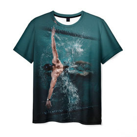 Мужская футболка 3D с принтом Пловец в Екатеринбурге, 100% полиэфир | прямой крой, круглый вырез горловины, длина до линии бедер | 