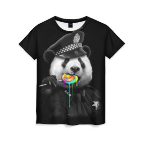 Женская футболка 3D с принтом Панда и карамель в Екатеринбурге, 100% полиэфир ( синтетическое хлопкоподобное полотно) | прямой крой, круглый вырез горловины, длина до линии бедер | панда | черно белый