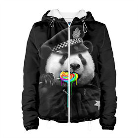 Женская куртка 3D с принтом Панда и карамель в Екатеринбурге, ткань верха — 100% полиэстер, подклад — флис | прямой крой, подол и капюшон оформлены резинкой с фиксаторами, два кармана без застежек по бокам, один большой потайной карман на груди. Карман на груди застегивается на липучку | панда | черно белый