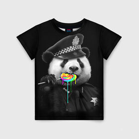 Детская футболка 3D с принтом Панда и карамель в Екатеринбурге, 100% гипоаллергенный полиэфир | прямой крой, круглый вырез горловины, длина до линии бедер, чуть спущенное плечо, ткань немного тянется | Тематика изображения на принте: панда | черно белый