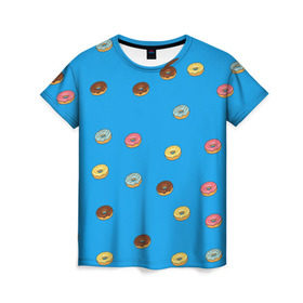 Женская футболка 3D с принтом Пончики в Екатеринбурге, 100% полиэфир ( синтетическое хлопкоподобное полотно) | прямой крой, круглый вырез горловины, длина до линии бедер | donut | гомер | еда | пончики | симпсон | фаст