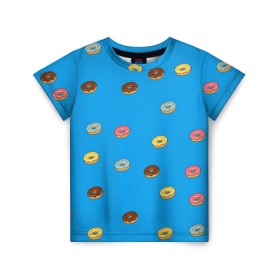 Детская футболка 3D с принтом Пончики в Екатеринбурге, 100% гипоаллергенный полиэфир | прямой крой, круглый вырез горловины, длина до линии бедер, чуть спущенное плечо, ткань немного тянется | Тематика изображения на принте: donut | гомер | еда | пончики | симпсон | фаст