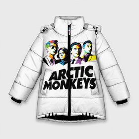 Зимняя куртка для девочек 3D с принтом Arctic Monkeys 2 в Екатеринбурге, ткань верха — 100% полиэстер; подклад — 100% полиэстер, утеплитель — 100% полиэстер. | длина ниже бедра, удлиненная спинка, воротник стойка и отстегивающийся капюшон. Есть боковые карманы с листочкой на кнопках, утяжки по низу изделия и внутренний карман на молнии. 

Предусмотрены светоотражающий принт на спинке, радужный светоотражающий элемент на пуллере молнии и на резинке для утяжки. | am | arctic | arctic monkeys | monkeys | rock | алекс тёрнер | амы | арктические мартышки | джейми кук | мартышки | мэтт хелдерс. ам | ник омэлли | ник о’мэлли | рок