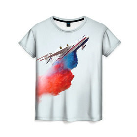 Женская футболка 3D с принтом Самолет Мчс 1 в Екатеринбурге, 100% полиэфир ( синтетическое хлопкоподобное полотно) | прямой крой, круглый вырез горловины, длина до линии бедер | армия | армия россии | военная | военная техника | самолет | самолеты | техника