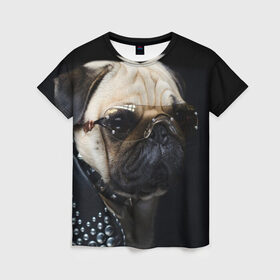 Женская футболка 3D с принтом Бульдог в очках в Екатеринбурге, 100% полиэфир ( синтетическое хлопкоподобное полотно) | прямой крой, круглый вырез горловины, длина до линии бедер | бульдог в очках | домашнее | животное | клепки | кожа | металлист | очки | пес | прикол | рокер | собака | умный | ученый | французский