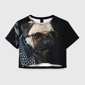Женская футболка 3D укороченная с принтом Бульдог в очках в Екатеринбурге, 100% полиэстер | круглая горловина, длина футболки до линии талии, рукава с отворотами | бульдог в очках | домашнее | животное | клепки | кожа | металлист | очки | пес | прикол | рокер | собака | умный | ученый | французский