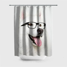 Штора 3D для ванной с принтом Собака в очках в Екатеринбурге, 100% полиэстер | плотность материала — 100 г/м2. Стандартный размер — 146 см х 180 см. По верхнему краю — пластиковые люверсы для креплений. В комплекте 10 пластиковых колец | домашнее | животное | очки | пес | прикол | собака в очках | умный | ученый