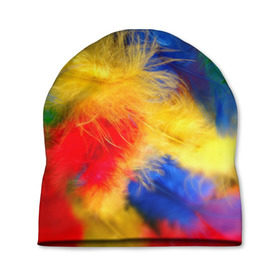 Шапка 3D с принтом Цветные перья в Екатеринбурге, 100% полиэстер | универсальный размер, печать по всей поверхности изделия | перья | радуга | спектр | фон | цвета | цветные | яркие