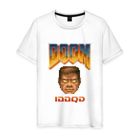 Мужская футболка хлопок с принтом iddqd пиксель-арт в Екатеринбурге, 100% хлопок | прямой крой, круглый вырез горловины, длина до линии бедер, слегка спущенное плечо. | doom | пиксели