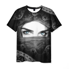 Мужская футболка 3D с принтом Восточная девушка в Екатеринбурге, 100% полиэфир | прямой крой, круглый вырез горловины, длина до линии бедер | Тематика изображения на принте: взгляд | восточная девушка | глаза | красивая | никаб | орнамент | узоры | хиджаб
