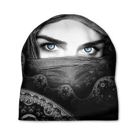 Шапка 3D с принтом Восточная девушка в Екатеринбурге, 100% полиэстер | универсальный размер, печать по всей поверхности изделия | Тематика изображения на принте: взгляд | восточная девушка | глаза | красивая | никаб | орнамент | узоры | хиджаб