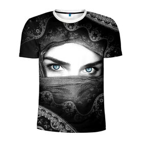 Мужская футболка 3D спортивная с принтом Восточная девушка в Екатеринбурге, 100% полиэстер с улучшенными характеристиками | приталенный силуэт, круглая горловина, широкие плечи, сужается к линии бедра | взгляд | восточная девушка | глаза | красивая | никаб | орнамент | узоры | хиджаб
