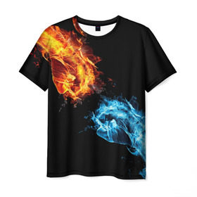 Мужская футболка 3D с принтом Синее и красное пламя в Екатеринбурге, 100% полиэфир | прямой крой, круглый вырез горловины, длина до линии бедер | кулак | огонь