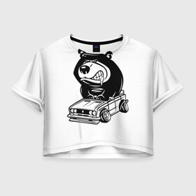 Женская футболка 3D укороченная с принтом Миша в Екатеринбурге, 100% полиэстер | круглая горловина, длина футболки до линии талии, рукава с отворотами | медведь | таз