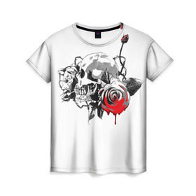 Женская футболка 3D с принтом Череп с розами в Екатеринбурге, 100% полиэфир ( синтетическое хлопкоподобное полотно) | прямой крой, круглый вырез горловины, длина до линии бедер | готика | кровь | розы | череп | черно белое | шипы
