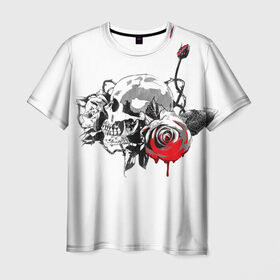Мужская футболка 3D с принтом Череп с розами в Екатеринбурге, 100% полиэфир | прямой крой, круглый вырез горловины, длина до линии бедер | готика | кровь | розы | череп | черно белое | шипы