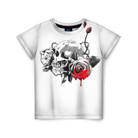 Детская футболка 3D с принтом Череп с розами в Екатеринбурге, 100% гипоаллергенный полиэфир | прямой крой, круглый вырез горловины, длина до линии бедер, чуть спущенное плечо, ткань немного тянется | готика | кровь | розы | череп | черно белое | шипы