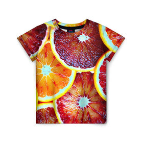 Детская футболка 3D с принтом Цитрус в Екатеринбурге, 100% гипоаллергенный полиэфир | прямой крой, круглый вырез горловины, длина до линии бедер, чуть спущенное плечо, ткань немного тянется | апельсин | фрукты | цитрус
