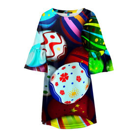 Детское платье 3D с принтом Пасха в Екатеринбурге, 100% полиэстер | прямой силуэт, чуть расширенный к низу. Круглая горловина, на рукавах — воланы | Тематика изображения на принте: разноцветный | яйца | яркий