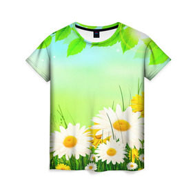 Женская футболка 3D с принтом Полевая ромашка в Екатеринбурге, 100% полиэфир ( синтетическое хлопкоподобное полотно) | прямой крой, круглый вырез горловины, длина до линии бедер | лето | цветы