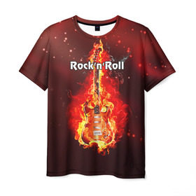 Мужская футболка 3D с принтом Rock`n`Roll в Екатеринбурге, 100% полиэфир | прямой крой, круглый вырез горловины, длина до линии бедер | rocknroll | гитара | музыка | рок