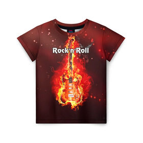 Детская футболка 3D с принтом Rock`n`Roll в Екатеринбурге, 100% гипоаллергенный полиэфир | прямой крой, круглый вырез горловины, длина до линии бедер, чуть спущенное плечо, ткань немного тянется | rocknroll | гитара | музыка | рок