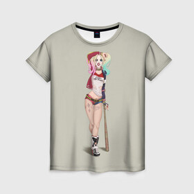 Женская футболка 3D с принтом Харли Квинн в Екатеринбурге, 100% полиэфир ( синтетическое хлопкоподобное полотно) | прямой крой, круглый вырез горловины, длина до линии бедер | арлекин | бита | девушка | комикс | харли квинн