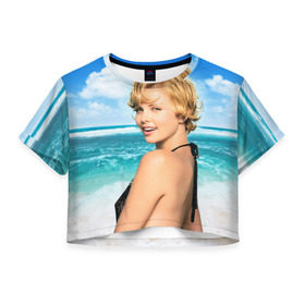 Женская футболка 3D укороченная с принтом Шарлиз Терон в Екатеринбурге, 100% полиэстер | круглая горловина, длина футболки до линии талии, рукава с отворотами | charlize theron | американская | киноактриса | модель | шарлиз терон