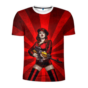 Мужская футболка 3D спортивная с принтом Red alert в Екатеринбурге, 100% полиэстер с улучшенными характеристиками | приталенный силуэт, круглая горловина, широкие плечи, сужается к линии бедра | девушка | оружие | снайпер | ссср