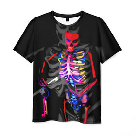 Мужская футболка 3D с принтом Скелет в Екатеринбурге, 100% полиэфир | прямой крой, круглый вырез горловины, длина до линии бедер | bodyart | faceart | helloween | аквагрим | боди арт | бодиарт | замок | ключ | неоновый | свет | сердце | скелет | фейсарт | хэллоуин | череп