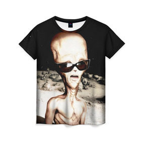 Женская футболка 3D с принтом Пришелец в Екатеринбурге, 100% полиэфир ( синтетическое хлопкоподобное полотно) | прямой крой, круглый вырез горловины, длина до линии бедер | инопланетянин | космос | очки | пришелец