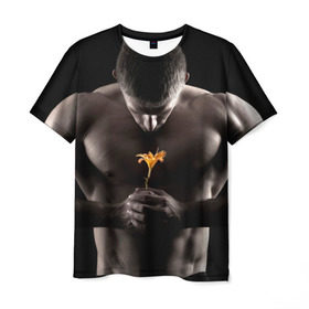 Мужская футболка 3D с принтом Цветок в Екатеринбурге, 100% полиэфир | прямой крой, круглый вырез горловины, длина до линии бедер | Тематика изображения на принте: культурист | мужчина | мышцы | парень | подарок | спортсмен | цветок