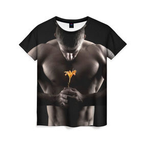 Женская футболка 3D с принтом Цветок в Екатеринбурге, 100% полиэфир ( синтетическое хлопкоподобное полотно) | прямой крой, круглый вырез горловины, длина до линии бедер | культурист | мужчина | мышцы | парень | подарок | спортсмен | цветок