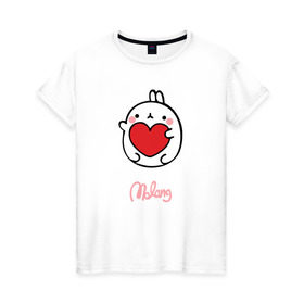 Женская футболка хлопок с принтом Кролик Моланг (сердце) в Екатеринбурге, 100% хлопок | прямой крой, круглый вырез горловины, длина до линии бедер, слегка спущенное плечо | Тематика изображения на принте: molang | каваи | кролик | любовь | моланг | сердце